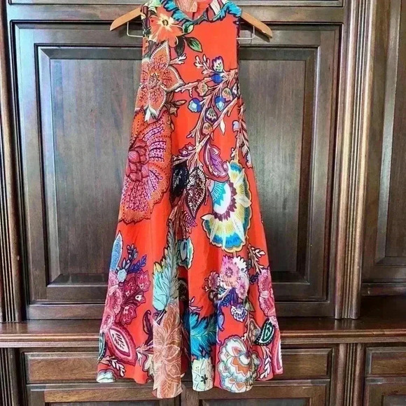 🌷Anthropologie Maeve Larkhill 100% Silk Swing Dress Floral Orange Midi Length S - Picture 4 of 12